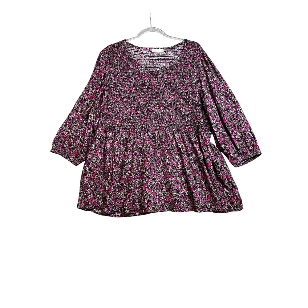 Croft & Barrow 2X Purple Floral Smocked Peplum3/4 Sleeve Top Cottagecore Ditsy - Picture 2 of 7